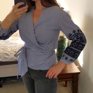 Wrap blouse w embroidered sleeves NWT